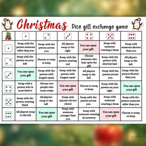 May include: A Christmas-themed dice game with a penguin illustration. The game board has instructions for players to swap gifts based on the dice roll. The instructions include phrases like "Swap with the person wearing red", "Swap with the person across from you", and "You can open your gift".