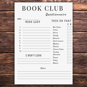 Buchklub Fragebogen, druckbare Geschenk Fragebogen, Buchklub Geschenk, Buchkritik, Lerne Dich kennen, Buchklub Wunschliste, Favoriten Übersicht
