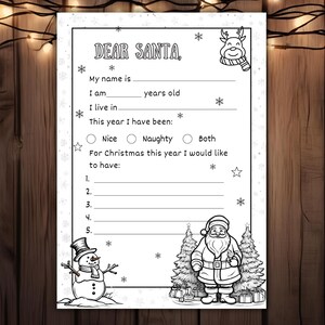 Página para colorear de una carta a Papá Noel, carta imprimible a Papá Noel, lista de deseos navideños, actividad navideña para niños, Navidad preescolar, cuestionario