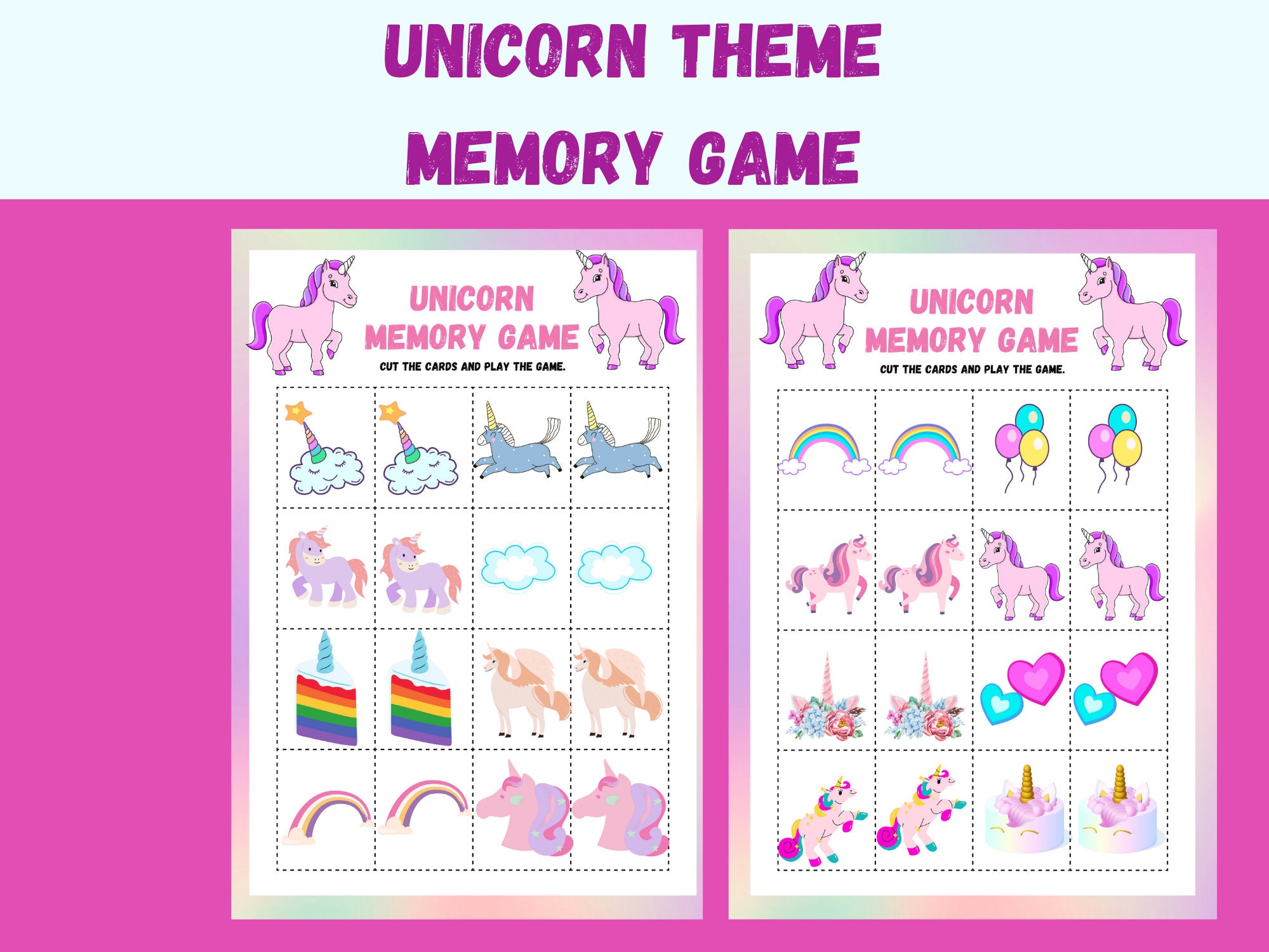 Unicorn Memory Game Unicorn Matching Game Fun Game for Kids Etsy