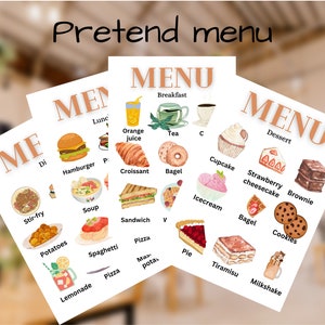 Printable Pretend Play Menus, bakery Kids Breakfast, Lunch, Dinner, dramatic play pretend Menus, Preschool Kids Activities, Pretend Menus