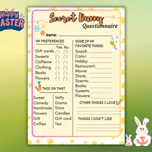 Cuestionario de encuesta Secret Bunny, Intercambio de regalos de Pascua, Actividad de Pascua, Pascua en el aula, actividad de dulces para adultos, Cuestionario de compañeros de trabajo