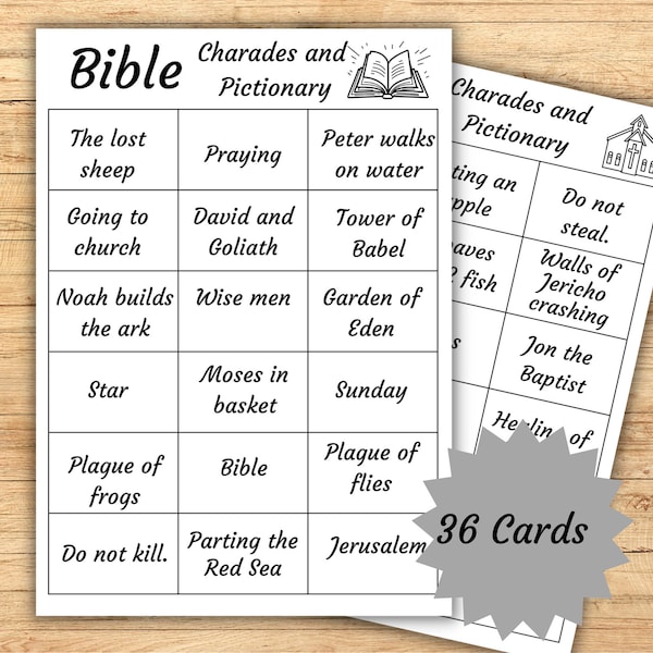 Bible Charades, Printable Bible Pictionary Cards, Printable Bible Games, Christian Charades,  Sunday School game, Church Fellowship