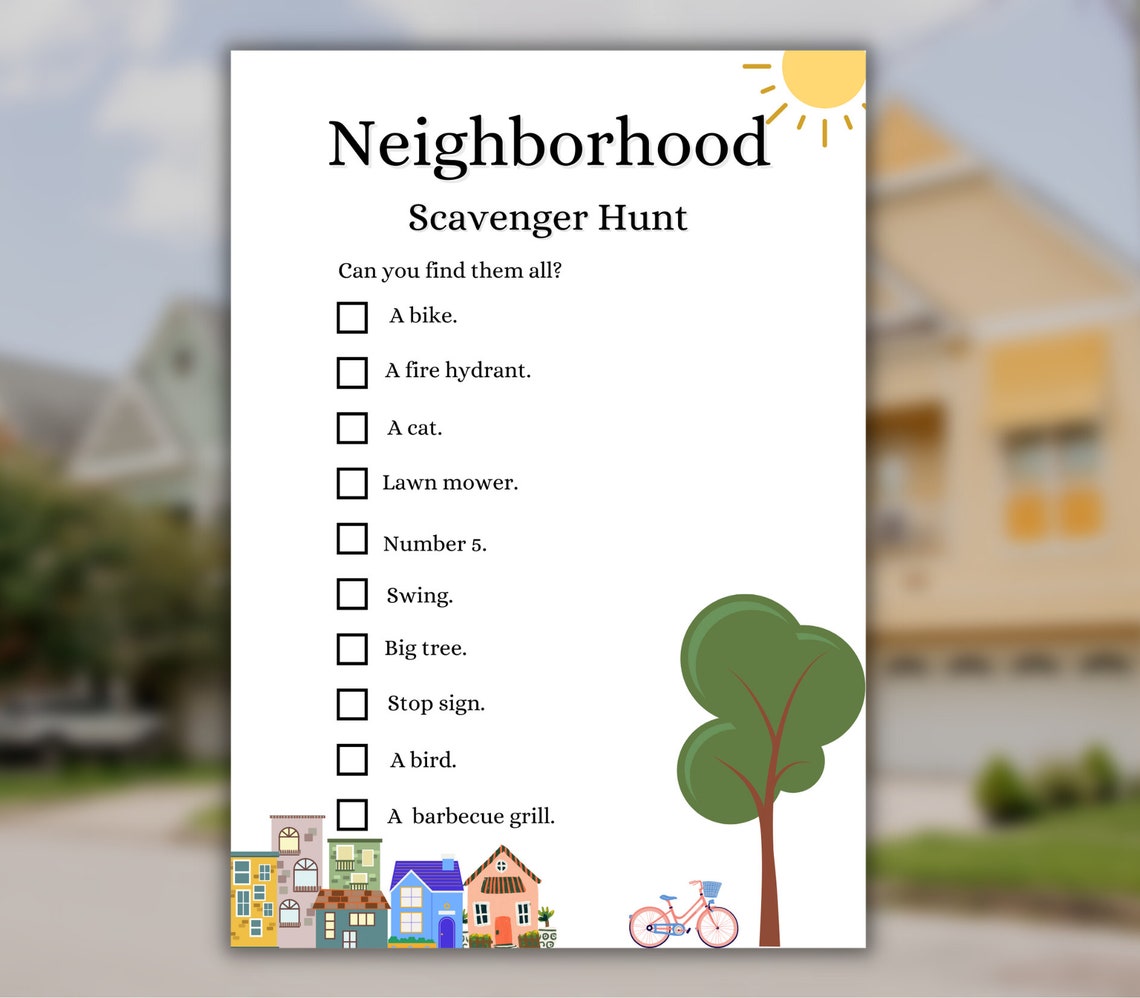 Neighborhood Scavenger Hunt, Neighborhood Treasure Hunt, Kids Party Game, Outdoor Activity for