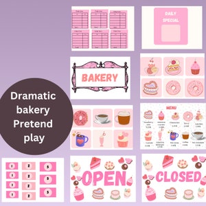 May include: A set of pink bakery-themed illustrations for pretend play. Includes a bakery sign, order forms, menu, and various dessert images like donuts, cakes, and cupcakes. The words "Dramatic bakery Pretend play" are also visible.