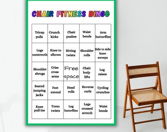 Chair Fitness Bingo, chair exercise bingo, Movement Activity, Exercise Game for Kids, Get Fit Activity, Get Moving, workout bingo, PE Bingo