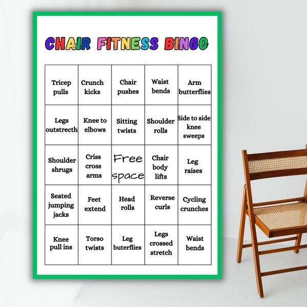 Chair Fitness Bingo, chair exercise bingo, Movement Activity, Exercise Game for Kids, Get Fit Activity, Get Moving, workout bingo, PE Bingo