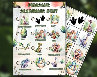 May include: A dinosaur-themed scavenger hunt game with watercolor illustrations. The game features various dinosaurs, eggs, and footprints, with the title "DINOSAUR SCAVENGER HUNT" at the top. The game is designed for children and includes a matching card game.