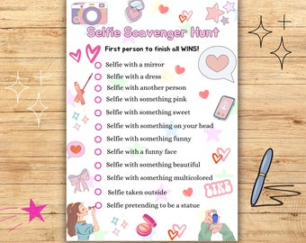 Selfie Scavenger Hunt, Party games for teens, Slumber party games, birthday party games printable, Sleepover party games
