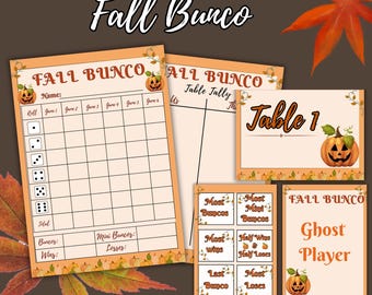 Op de afbeelding: Een verzameling printables voor het Fall Bunco-spel, inclusief scorekaarten, tafelkaarten en spellabels. Het ontwerp heeft een pompoenthema, met de tekst "Fall Bunco" bovenaan. De kleurenschema's zijn oranje en bruin.