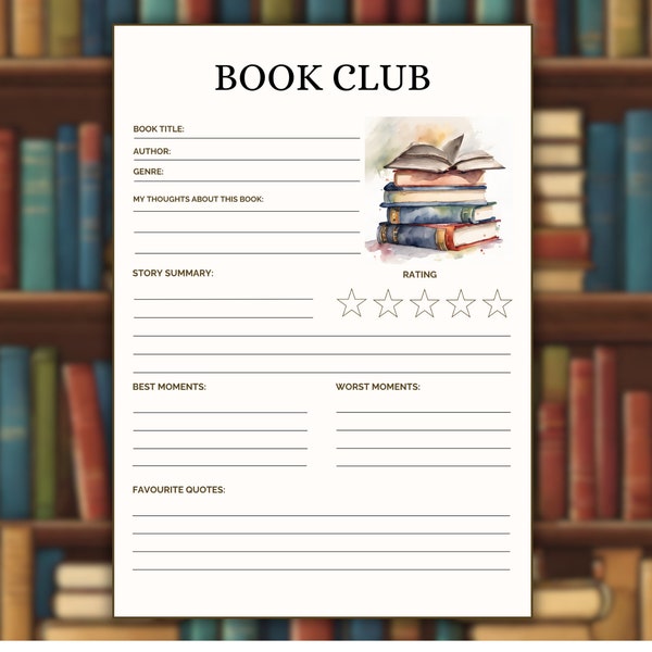 Book Review Template, Book Club Printables, Book Club Meeting Questions, book discussion activity,  Reading Journal, Reading Tracker