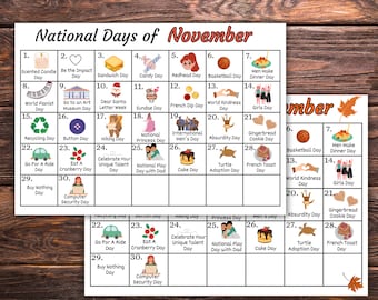 Fun November Holiday Calendar, Printable NOVEMBER National Days Calendar, Celebrations,  teacher resource, Classroom decor, homeschool decor