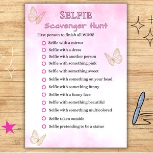 Selfie Scavenger Hunt, Party games for teens, Slumber party games, birthday party games printable, Sleepover party games, girl birthday