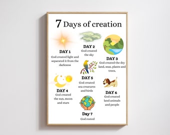 7 Days of Creation Genesis, Christian Scripture Poster, Kids Room Decor, Nursery Wall Art, Sunday School Decor, Bible Printable Posters