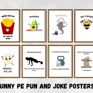 8 funny physical education decor, funny fitness gifts, teacher gift, exercise puns and jokes, printable PE posters, motivational  bundle