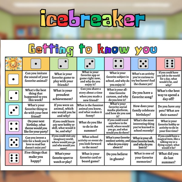 Icebreaker game, Getting to know you, Fun DiceBreaker, Back to School, Games for Kids, Teacher Resource, Conversation starters