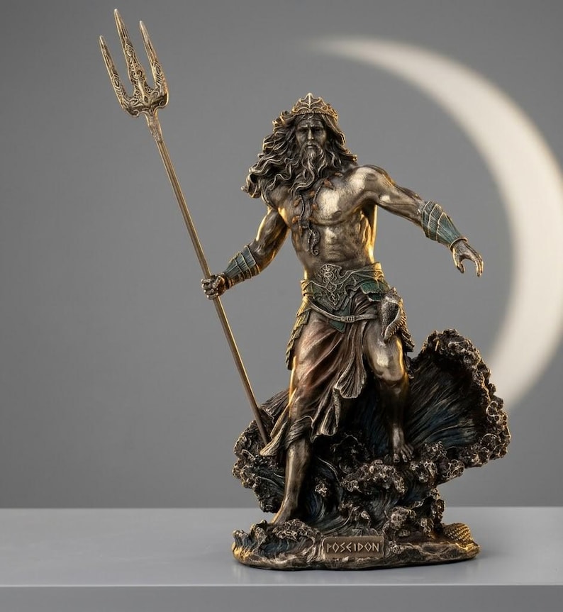 May include: A bronze statue of Poseidon, the Greek god of the sea, holding a trident. The statue shows Poseidon with long hair and a beard, standing on a wave base. The word "POSEIDON" is inscribed on the base.