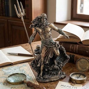 May include: A bronze statue of Poseidon with a trident, on a wave base, sits on a wooden desk. There are open books, a compass, a magnifying glass, and a map. The Greek word "ME&Lambda;&Epsilon;&Tau;&Eta;" is visible on a card.