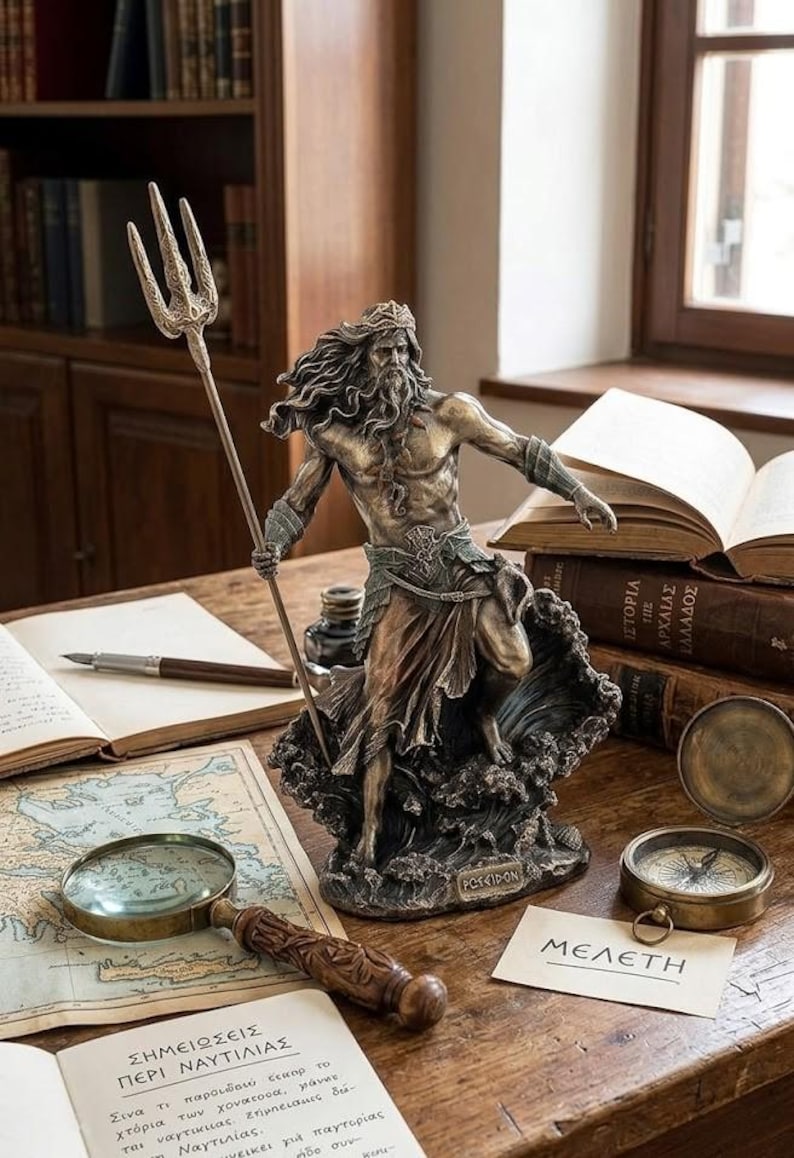 May include: A bronze statue of Poseidon with a trident, on a wave base, sits on a wooden desk. There are open books, a compass, a magnifying glass, and a map. The Greek word "ME&Lambda;&Epsilon;&Tau;&Eta;" is visible on a card.