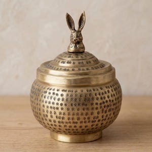 Hammered Brass Finish Rabbit Container | Bunny Finial Lidded Jar | Cottage Farmhouse Mantel Decor