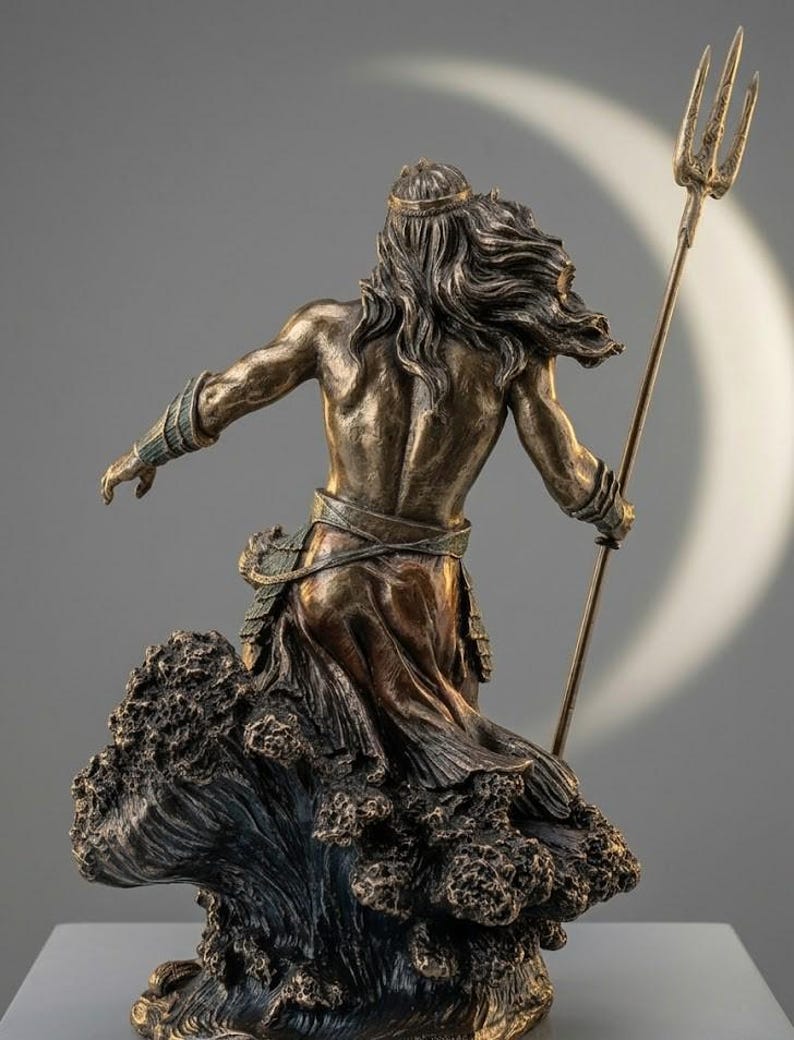May include: Bronze statue of a male figure, seen from behind, holding a trident. The figure has long flowing hair and wears a crown and draped clothing. The statue is mounted on a base resembling a wave.