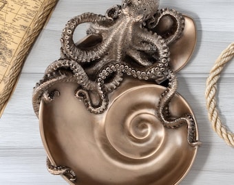 Bandeja de polvo em concha espiral | Decoração náutica em bronze fundido a frio | Presente para casa de praia costeira | Bandeja decorativa para o oceano | Prato inspirado no mar