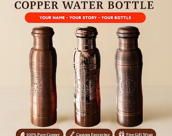 Botella de agua de cobre personalizada: Frasco ayurvédico grabado, 946 ml (32 oz)