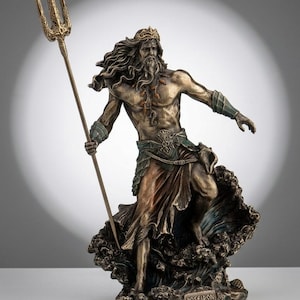May include: A bronze-effect statue of Poseidon, the Greek god of the sea, holding a trident. He has long hair and a beard, wearing a crown and armour. The statue stands on a base resembling ocean waves, with the name "Poseidon" inscribed.