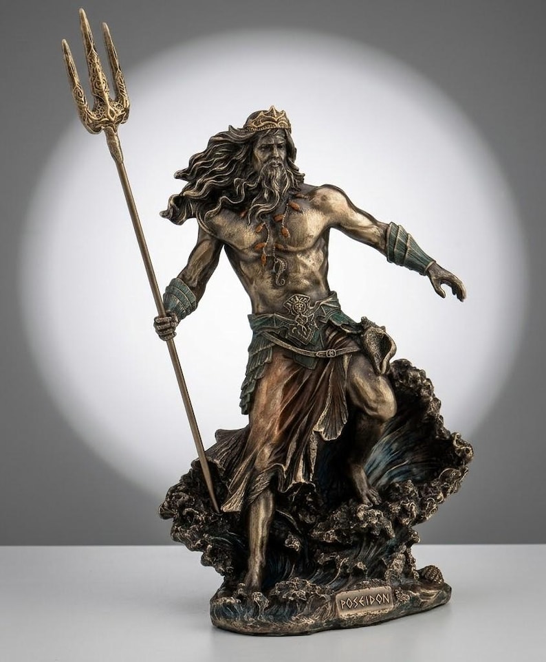 May include: A bronze-effect statue of Poseidon, the Greek god of the sea, holding a trident. He has long hair and a beard, wearing a crown and armour. The statue stands on a base resembling ocean waves, with the name "Poseidon" inscribed.