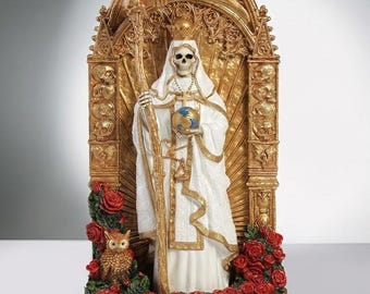 Santa Muerte White Reaper Hand-Painted Resin Sculpture | Dia de los Muertos Golden Arch Statue | Holy Death Altar Figurine Gift Box
