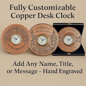 Handcrafted Copper Desk Clock: Engraved Ethnic Design, Customizable Gift