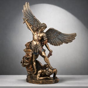 Saint Michael Tramples Demon Statue, Cold Cast Bronze Sculpture, Guardian Angel Decor (14 Inch)