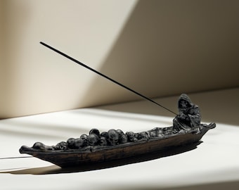 Handmade Charon Skull Boat Incense Holder: Gothic River of Souls Decor