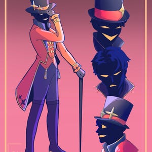 May include: Digital illustration of a character in a red and blue outfit, top hat, and cane. The character has a black silhouette with a yellow smile. Additional head and bust illustrations are also present.
