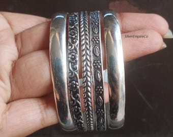 Sterling Silver Floral Stacking Bangles - Set of 5 Boho Style