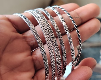 Sterling Silver Boho Bangles Set: Handcrafted 925 Jewelry