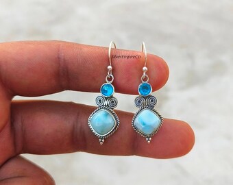 Natural Larimar Earrings: Handmade 925 Sterling Silver, Blue Topaz Accent