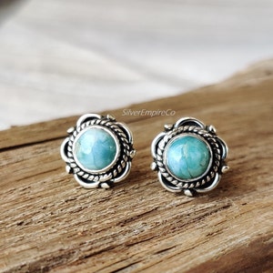 Larimar Stud Earrings, Sterling Silver Tiny Round Blue Studs, Minimal, Bohemian Jewelry, Bridesmaid Gift, Cute Simple Earrings, Birthstone.