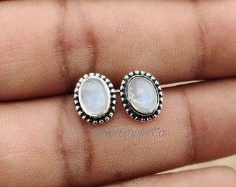 Rainbow Moonstone Stud Earrings: 925 Sterling Silver, Oval Gemstone