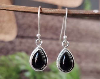 Handmade Teardrop Black Onyx Earrings, 925 Sterling Silver Dangle Earrings