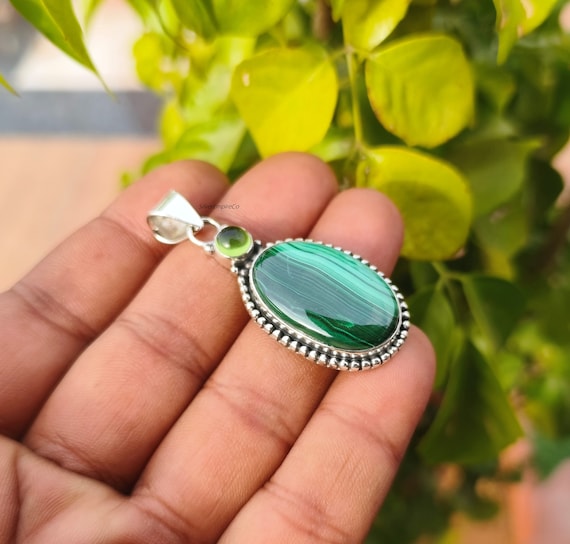 Sterling Silver Malachite Pendant Necklace: Oval Boho Gemstone