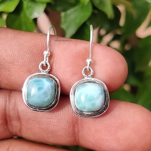 Handmade Larimar Dangle Earrings: 925 Sterling Silver Jewelry
