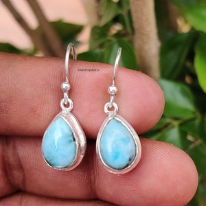 Larimar Gemstone Earrings: 925 Sterling Silver Dangle Hook Earrings