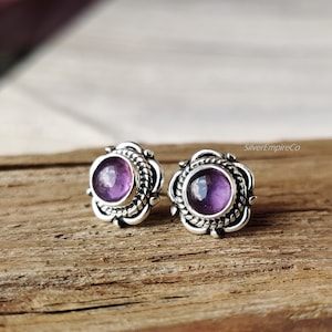 Amethyst and Sterling Silver Simple Stud Earrings, Amethyst Studs, Minimal Earrings, Boho Earrings, Bridesmaid Gift, Birthstone Earrings
