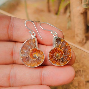 Ammonite Fossil Earrings: 925 Sterling Silver Dangle Earrings
