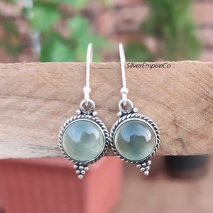 Prehnite Gemstone Silver Earrings: Handmade 925 Sterling Silver