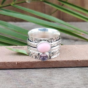 Pink Opal Sterling Silver Spinner Ring with Amethyst: Anxiety Relief