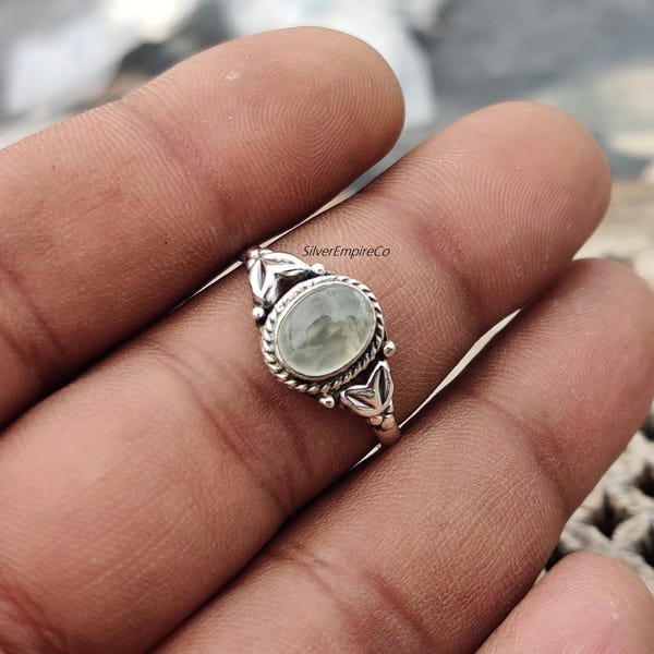 Handmade Prehnite Ring: 925 Sterling Silver Boho Charm