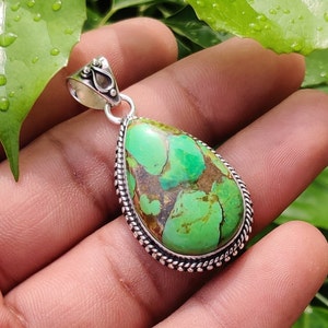 Handmade Sterling Silver Green Copper Turquoise Pendant: Natural Gemstone Charm