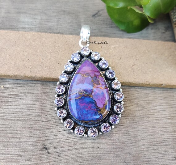 Purple Copper Turquoise Pendant, With Amethyst, 925 Sterling